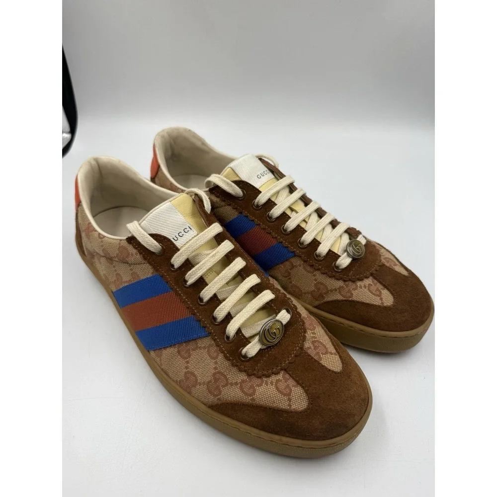 Gucci Screener Men's Sneakers GG Monogram Brown Suede Web Red Blue Size 10 US 11